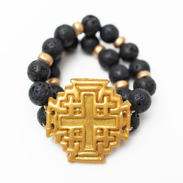 Black Lava Double Strand with Jerusalem Cross