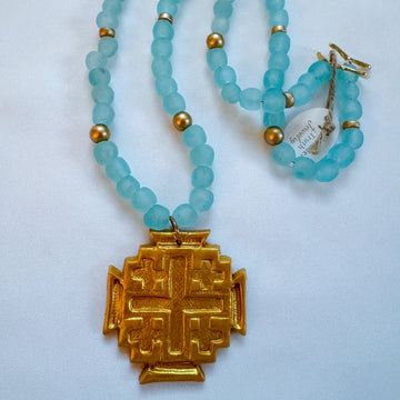 Aquamarine Glass with Jerusalem Cross