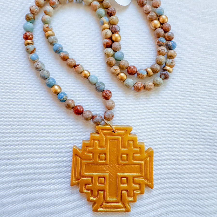 Light Blue Sea Jasper with Jerusalem Cross