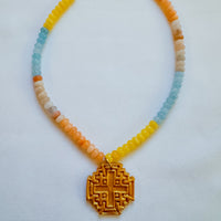 Yellow, Blue, Coral Rondelles with Jerusalem Cross