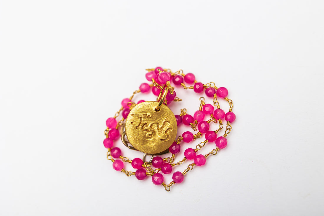 Pink Jade Chain with Palmetto Tree